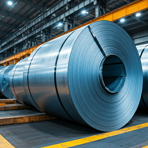Close-up of massive industrial C62 steel strip  rolls in a brightly lit  warehouse of best industrial supplier in rajasthan with cold blue and metallic reflections